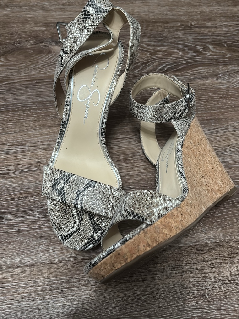 Jessica Simpson Snake-Print Wedge Sandals in Neutral Taupe and Black